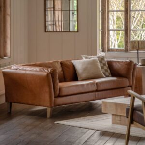 Bartow Leather 3 Seater Sofa With Oak Legs In Brown