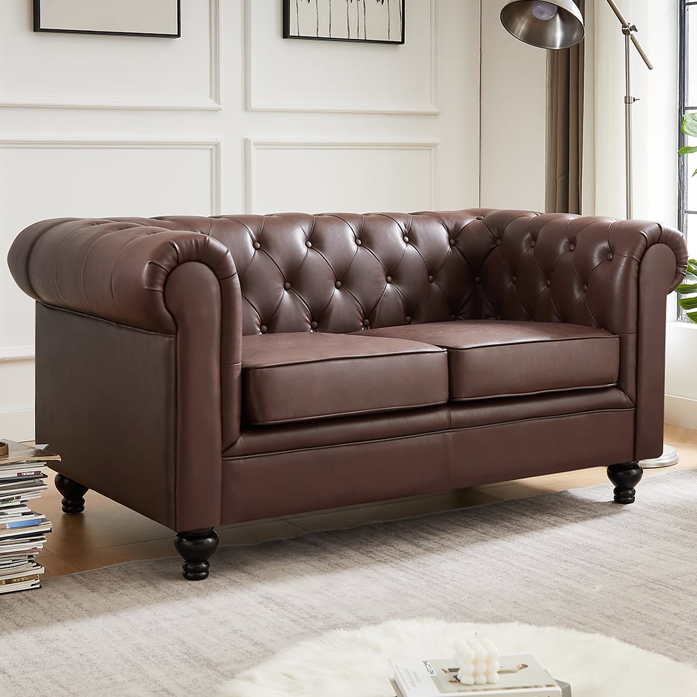 Hertford Chesterfield Faux Leather 2 Seater Sofa In Antique Brown