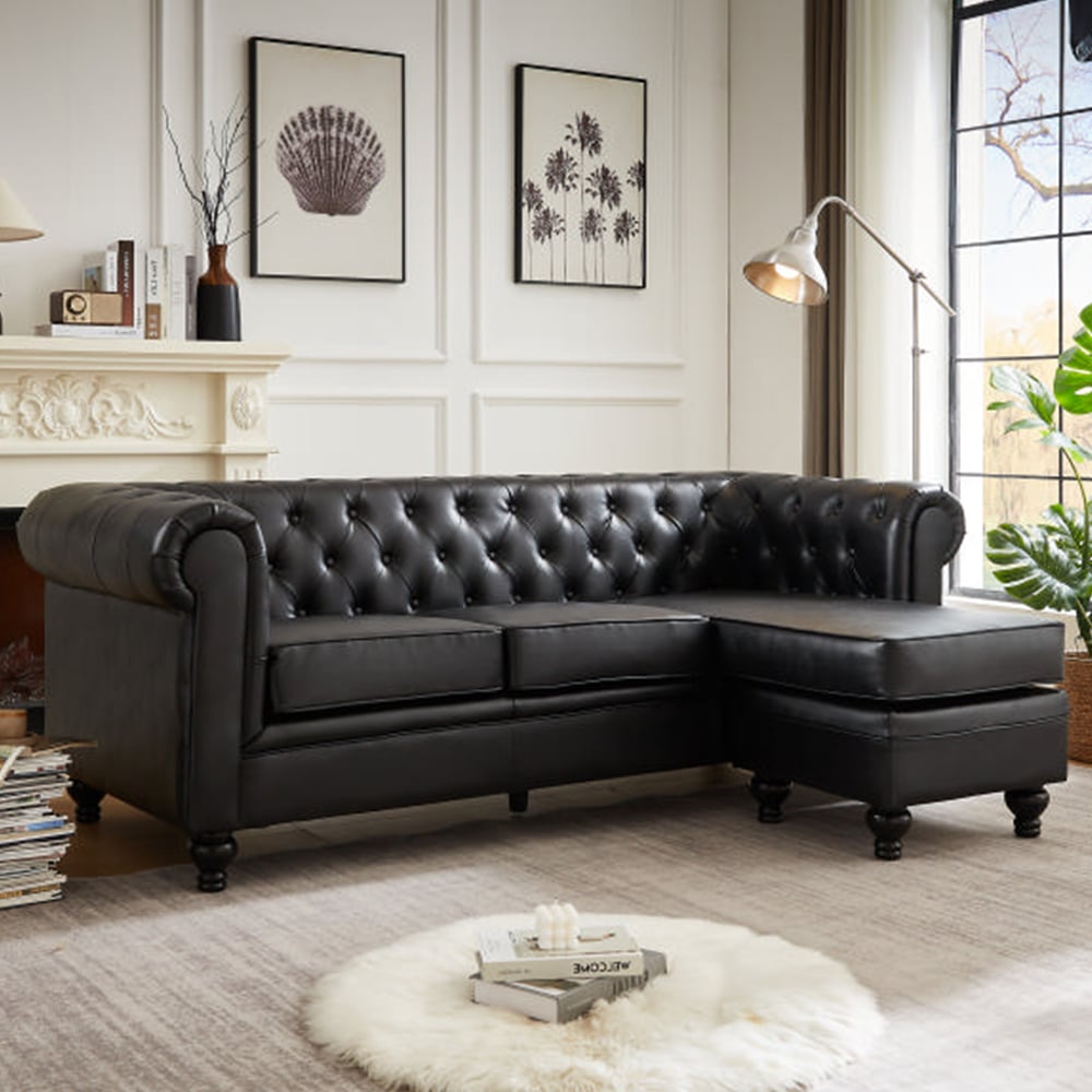 Hertford Faux Leather L Shaped Corner Sofa In Black