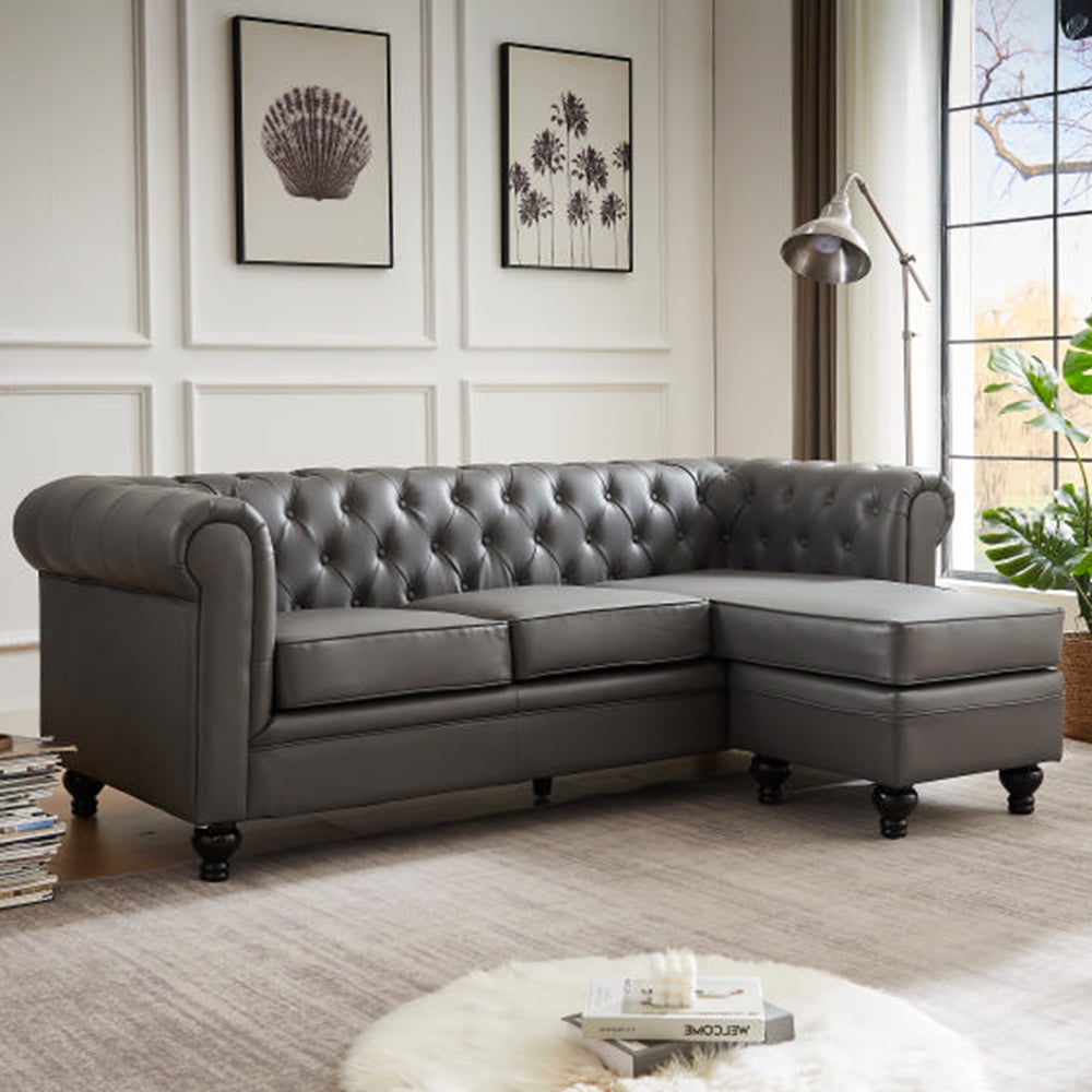 Hertford Faux Leather L Shaped Corner Sofa In Dark Grey