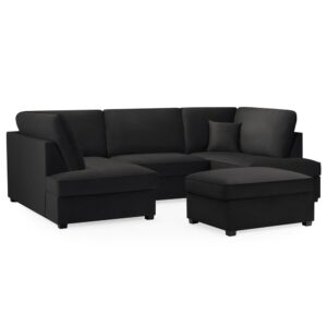 Caronia Plush Velvet U Shaped Corner Sofa In Black